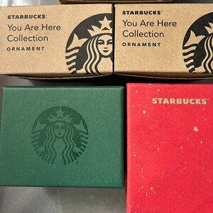 Set of 2 ceramic "You are Here" ornaments & set of 2 demi 3 ounce cups